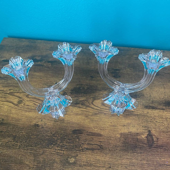 Pair of Clear Glass Art Deco Style Candelabra Candlestick Holders - Picture 4 of 10
